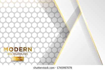 modern white overlay layers background banner design with golden lines. Realistic light effect on textured grey circle background,vector illustration.