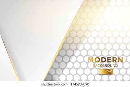 modern white overlay layers background banner design with golden lines. Realistic light effect on textured grey circle background,vector illustration.