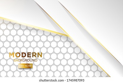 modern white overlay layers background banner design with golden lines. Realistic light effect on textured grey circle background,vector illustration.