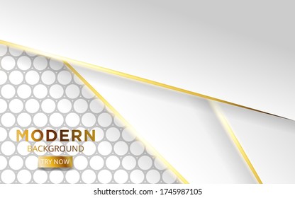 diseño moderno de banner de fondo de capas superiores blancas con líneas doradas. Efecto de luz realista sobre el fondo del círculo gris texturado,ilustración vectorial.
