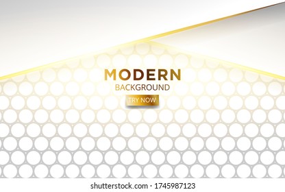 modern white overlay layers background banner design with golden lines. Realistic light effect on textured grey circle background,vector illustration.