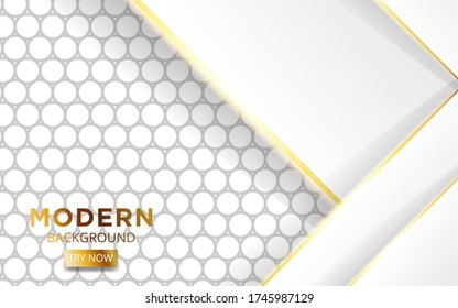 modern white overlay layers background banner design with golden lines. Realistic light effect on textured grey circle background,vector illustration.