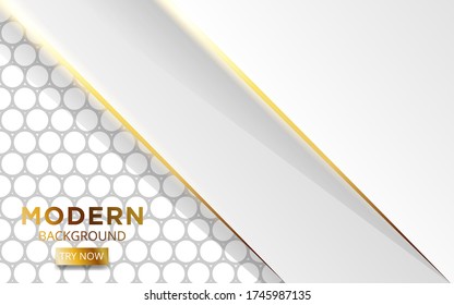 modern white overlay layers background banner design with golden lines. Realistic light effect on textured grey circle background,vector illustration.