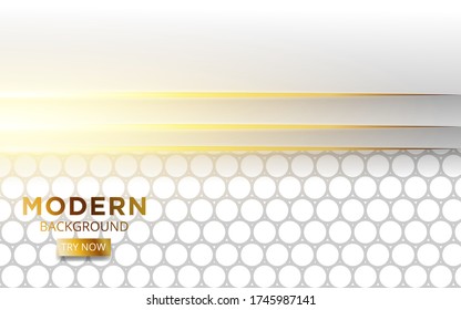 modern white overlay layers background banner design with golden lines. Realistic light effect on textured grey circle background,vector illustration.