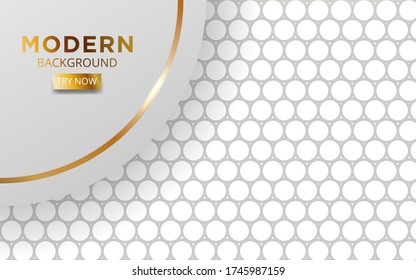 modern white overlay layers background banner design with golden lines. Realistic light effect on textured grey circle background,vector illustration.
