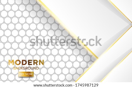modern white overlay layers background banner design with golden lines. Realistic light effect on textured grey circle background,vector illustration.