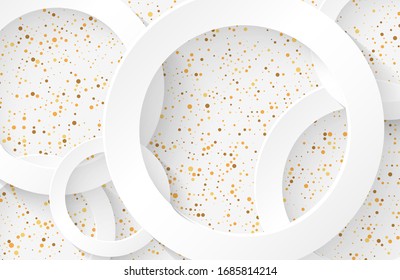 El papel blanco moderno con fondo cortado con forma de círculo realista texturado con brillo de semitonos de punto dorado . Elegante diseño de fondo plateado para web, presentación, tapicería