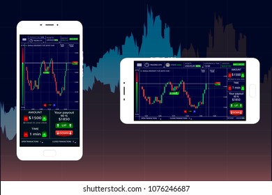 Modern white phone with HUD elements on the background of graphs, stock exchange elements
