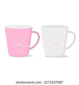 Modern white and pink coffee mugs. Mugs with the image of a heart. Vector illustration in a flat style. Isolated on a white background.