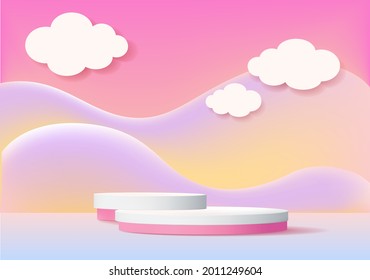 Modern white and pink color cylinder steps pedestal podium. Backdrop white cloud shape in paper cut style. Vector rendering 3d shape for products display presentation. Abstract pastel room.