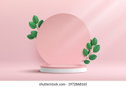 Modern white and pink cylinder pedestal podium. Pink pastel circle backdrop with green leaf decoration. Vector rendering 3d shape for product display presentation. Minimal wall scene. Abstract studio room.