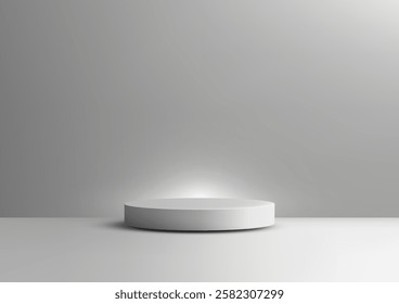 Modern white podium against a light grey background, softly illuminated from below, product display, mockups, or showroom presentations in a minimal and elegant style