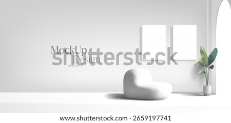 Modern white realistic 3D interior with white empty photo frames on wall, soft chair, and tropical plant in pot. Mockup, relaxation area, waiting. Vector illustration.