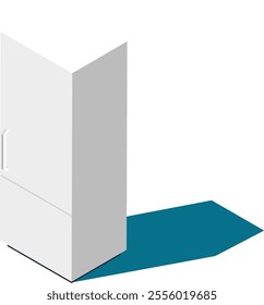 Modern white refrigerator casting a distinct shadow on a blue floor, presented in an isometric view, symbolizing kitchen appliances and modern home interiors