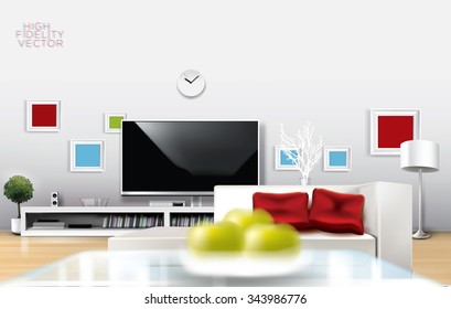 Modern white room with flat TV , low shelf and white couch with red pillows. Rich vector graphic template.