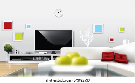 Modern white room with flat TV , low shelf and white couch with red pillows. Rich vector graphic template