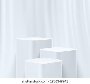 Modern white round corner cube pedestal podium, White curtain and empty room. Abstract vector rendering 3d shape, Cosmetic products display presentation. Minimal scene studio room.