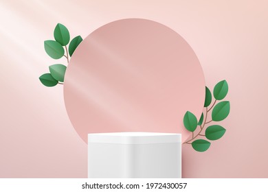 Modern white round corner cube pedestal podium. Pink pastel circle backdrop with green leaf decorate. Vector rendering 3d shape products display presentation. Minimal wall scene. Abstract studio room.