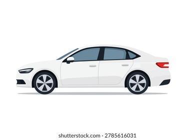 Modern white sedan car vector illustration. Passenger automobile side view flat design isolated on white background.