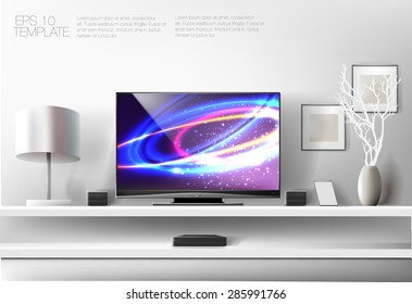 Modern white shelf with flat TV and sound system. Rich vector graphic template.