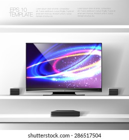 Modern white shelf with flat TV and sound system. Rich vector graphic template.