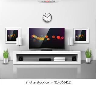 Modern white shelf with flat TV and sound system. Rich vector graphic template.