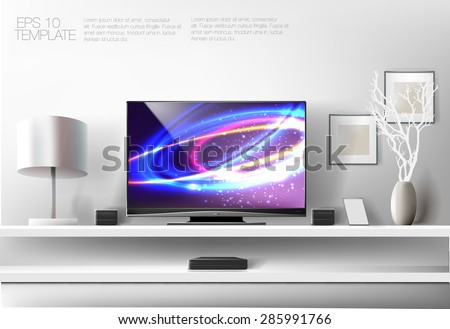 Modern white shelf with flat TV and sound system. Rich vector graphic template.