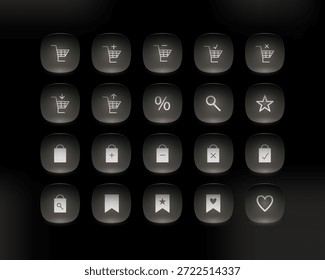 Modern white shopping web button icon set with glowing glassmorphism style. Rounded UI buttons for apps, websites, dashboards, and digital interfaces.