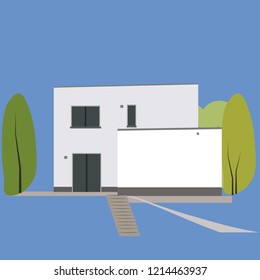 modern white single house with terrace and trees