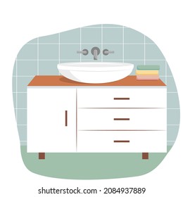 Modern white sink table with bath towels. Flat vector illustration for your design