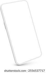 Modern white smartphone featuring a blank screen, floating effortlessly against a clean white background. Highlighting thin rounded edges, volume buttons, and a power button for a sleek design