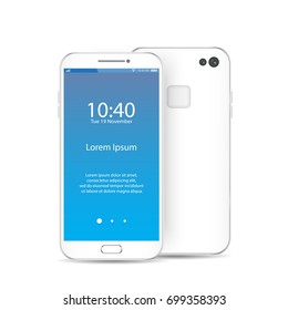 Modern white smartphone isolated. Front and back of Vector smartphone illustration. Cell phone mockup back view.