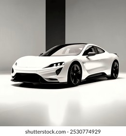 "Modern white sports car with sleek, aerodynamic design. Features sharp LED headlights, dark alloy wheels, and a low-profile body. The car has a futuristic look with smooth curves, tinted windows, etc