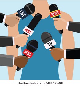 modern white sportsman vector answering questions during the press conference with many Various forms of microphones illustration. model male or man Speak into the mic or mike in live in the media