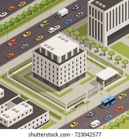 Modern white stone government building and surrounding  city center area with busy streets isometric composition vector illustration 