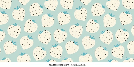 Modern white strawberry seamless pattern. Big white round strawberries on blue. Big bold berries. Berry pattern design for textile, web banner, cards. Fresh summer fruits. Trendy vector design.