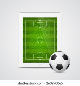 Modern white tablet with a soccer ball and field on the screen. Isolated on white background. Vector EPS10 illustration. 