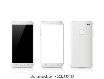 Modern white touchscreen cellphone tablet smartphone isolated on light background. Phone front and back side isolated. Vector illustration. 