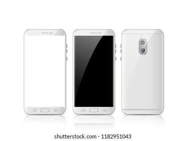 Modern white touchscreen cellphone tablet smartphone isolated on light background. Phone front and back side isolated. Vector illustration.