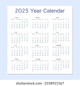 Modern white vector calendar for the whole year 2025