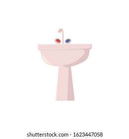 Modern white washbasin with mixer tap bathroom furniture element flat vector illustration isolated on white background. Bathroom interior ceramic sink closeup icon.