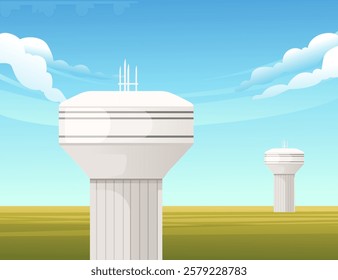 Modern white water tower with a sleek cylindrical tank. Minimalist design with a smooth surface. Positioned in an open field under a bright sky. Vector illustration with rural landscape background