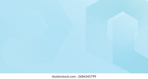 Modern white wavy glowing lines on a blue background. Futuristic digital art hexagon