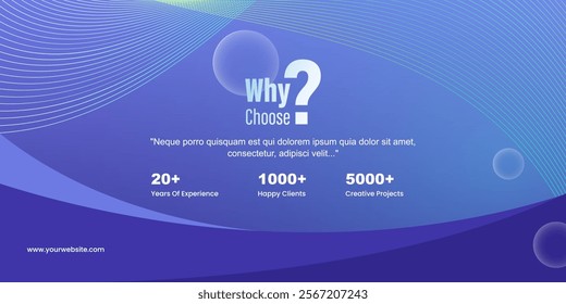 Modern 'Why Choose Us' banner with gradient blue tones, wavy lines, and stats for experience, clients, and projects. Perfect for business promotion, branding, and professional presentations.