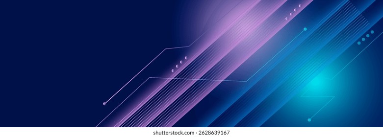 Modern wide Hi-tech digital technology concept. Illustration high computer technology on purple and dark blue gradient background. Abstract futuristic design. Sci-fi vector illustration