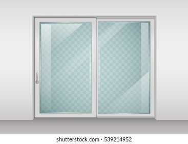 Modern wide sliding door with transparent glass. Vector graphics. The interior of the room.
