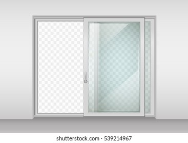 Modern wide sliding door with transparent glass. Vector graphics. The interior of the room.