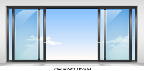 Modern wide sliding door with transparent glass. Vector graphics. The interior of the room.