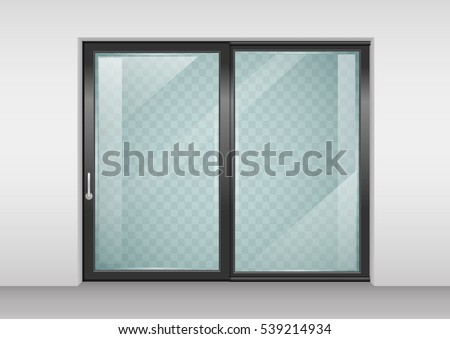 Modern wide sliding door with transparent glass. Vector graphics. The interior of the room.