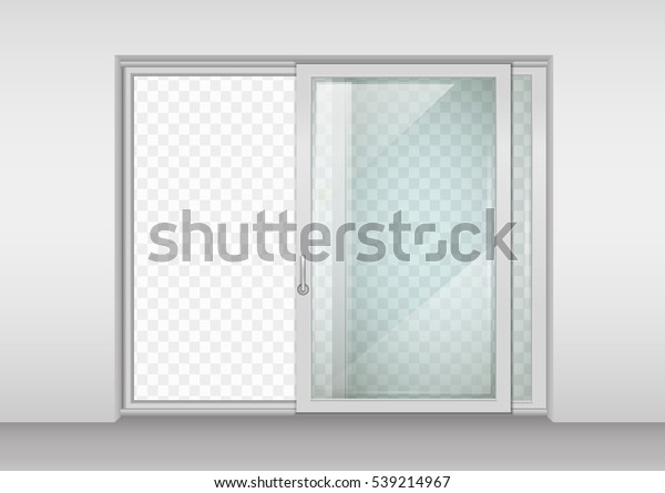 Modern wide sliding door with\
transparent glass. Vector graphics. The interior of the\
room.